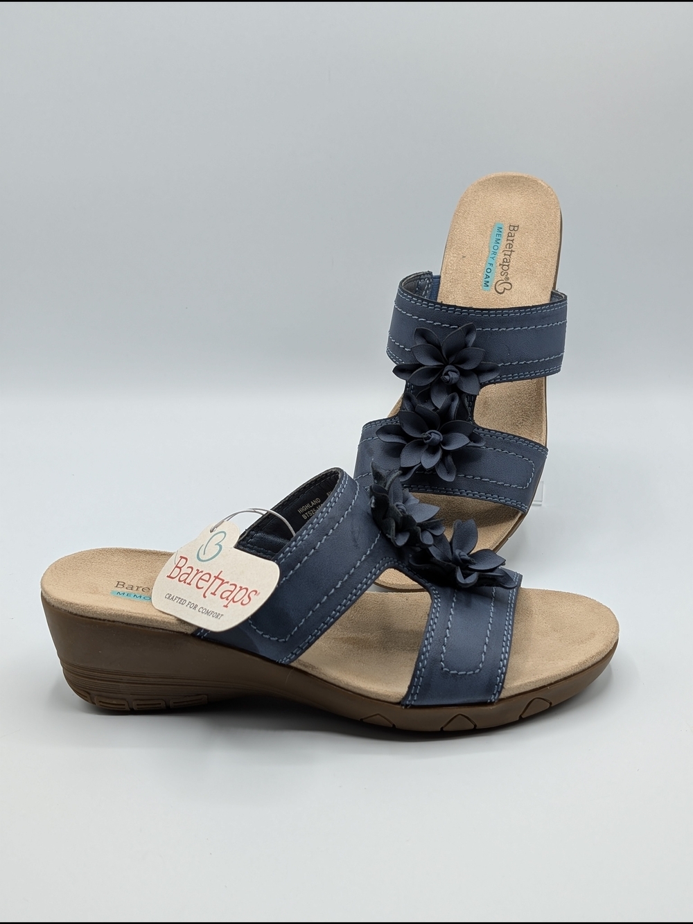 Baretraps Women's Sandals 8 Blue Floral Slip-On Highland Wedge